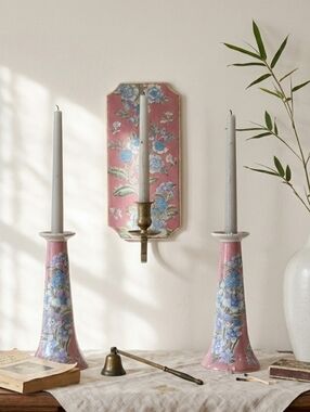 Vintage Dynasty by Heygill Macau 3-Pc Hand-Painted Porcelain Candle Holder Set